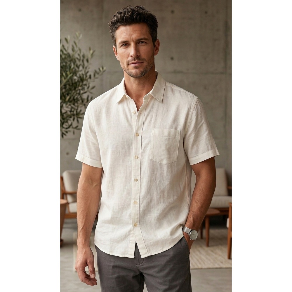 Visitor Washable Linen Short Sleeve Button Down Shirt Men's XL‎ White Coastal